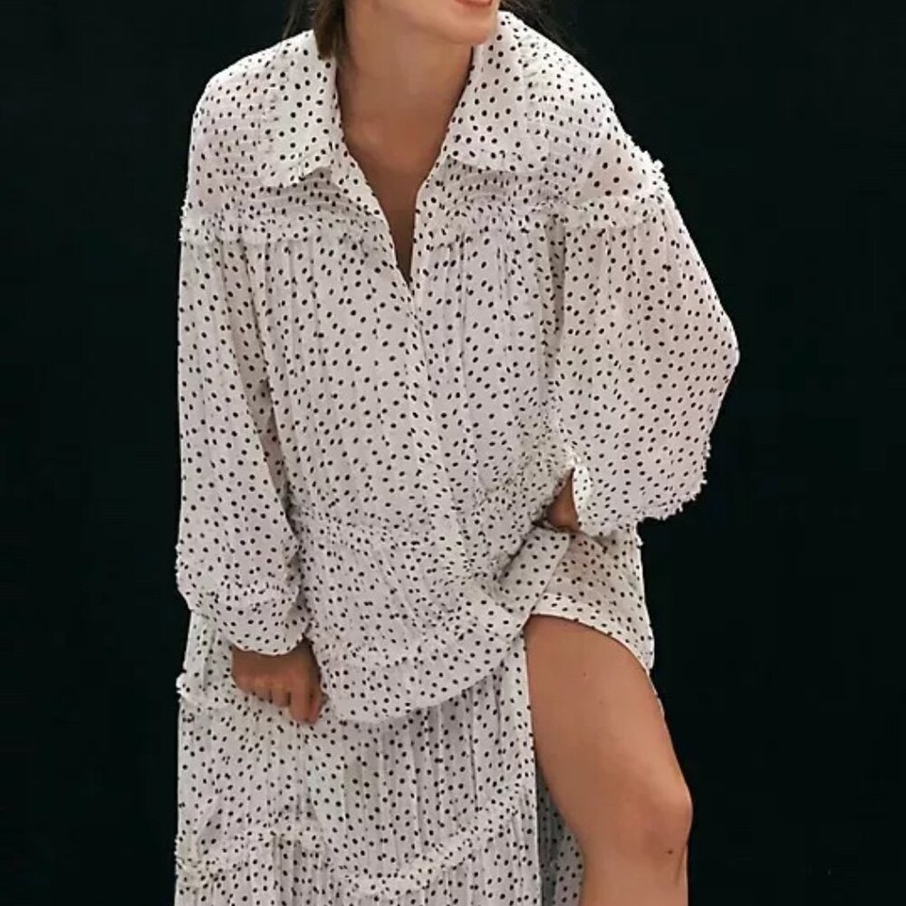 Anthropologie Size M -  Long-Sleeve Smocked Tiered Maxi Dress Polkadot White